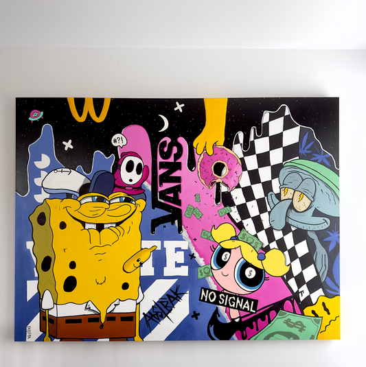  playful acrylic artwork with hidden characters, donuts, and cosmic elements, creating a whimsical world of pop culture and humor.