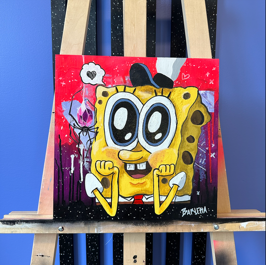 An acrylic painting on wood canvas made by the artist Catherine Barletta. showing a weird love between SpongeBob and a shinny crystal spider